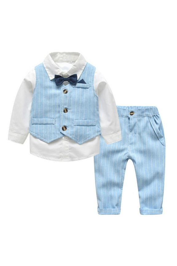 Baby Boys Formal Suit Toddler Gentleman Suit Dress Slim Fit Shirt+Vest+Pants Outfits Tuxedo 6M - 6 Years,Blue Stripe