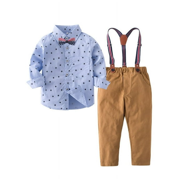 Baby Boys' Gentleman Clothes Sets Bow Tie Shirts + Suspender Pants (Light Blue Shirt + Khaki pants, 4-5 Years)