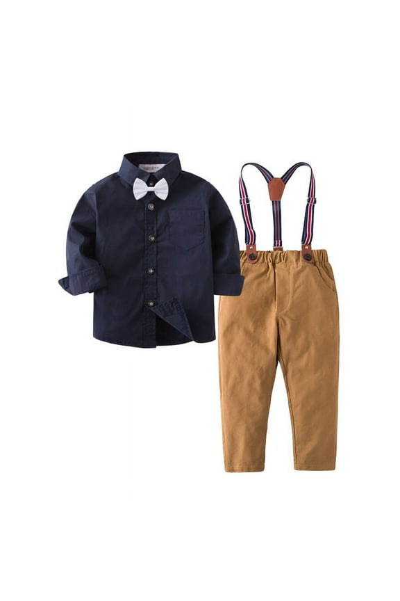 Baby Boys' Gentleman Clothes Sets Bow Tie Shirts + Suspender Pants (Navy Blue Shirt + Khaki pants, 3-4 Years)