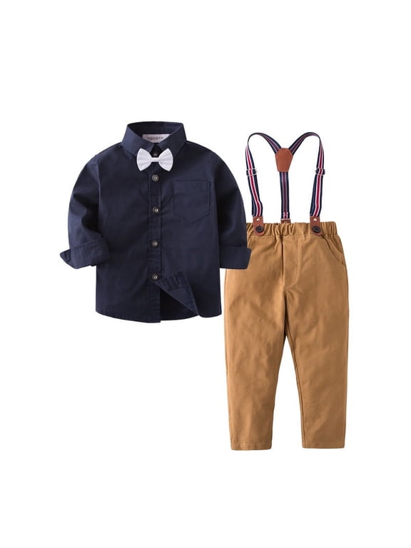 Baby Boys' Gentleman Clothes Sets Bow Tie Shirts + Suspender Pants (Navy Blue Shirt + Khaki pants, 5-6 Years)