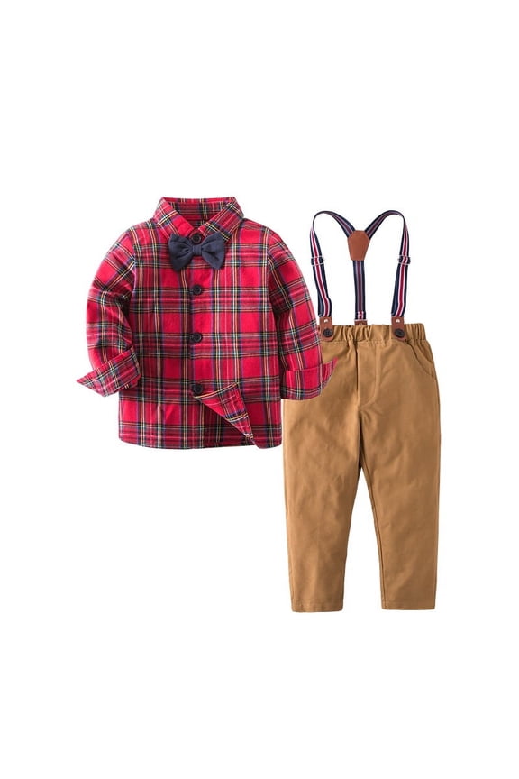 Baby Boys' Gentleman Clothes Sets Bow Tie Shirts + Suspender Pants (Red Shirt + Khaki pants, 2-3 Years)