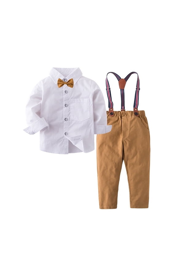 Baby Boys' Gentleman Clothes Sets Bow Tie Shirts + Suspender Pants (White Shirt + Khaki pants, 4-5 Years)