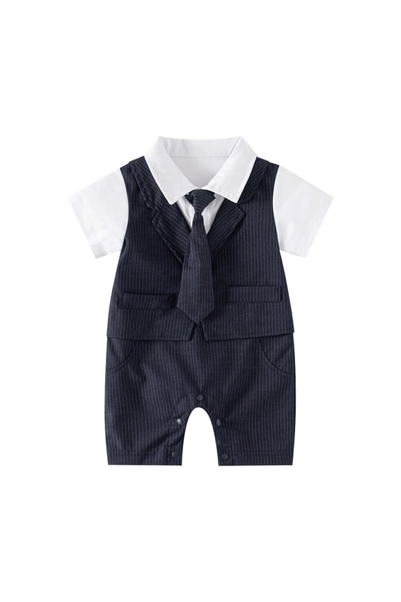 Baby Boys Gentleman Romper One Piece Shorts Sleeve Bowtie Outfit Formal Wear Overall Tuxedo Suit,Navy,9-12 Months