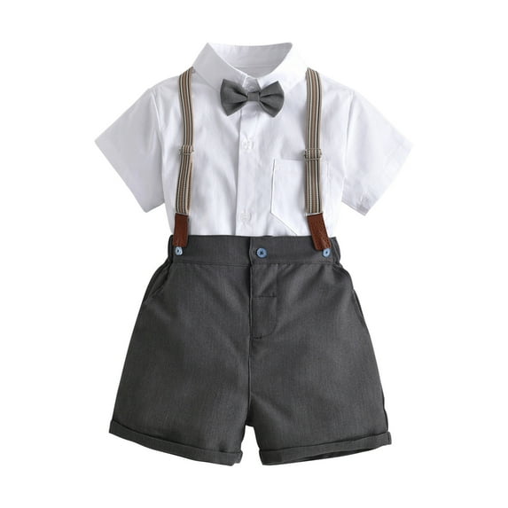 Baby Boys Gentlemen Outfits Suit Toddler Formal Short Sleeve Button Down Shirt Shorts Suspenders Bowtie Summer Clothing Set Summer Gentleman Casual Outfits Suit Three-piece Set