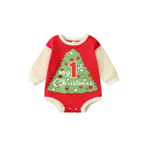 Baby Boys Girls Autumn Romper Long Sleeve O Neck Christmas Tree Print Patchwork Romper