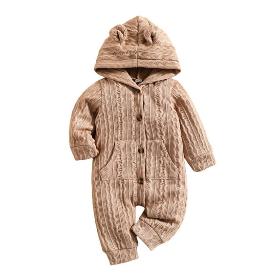 Baby Boys Girls Cable Knit One-Piece Jumpsuit Hoodie Long Sleeve Button-Down Long Rompers Jumpsuits for Fall Winter