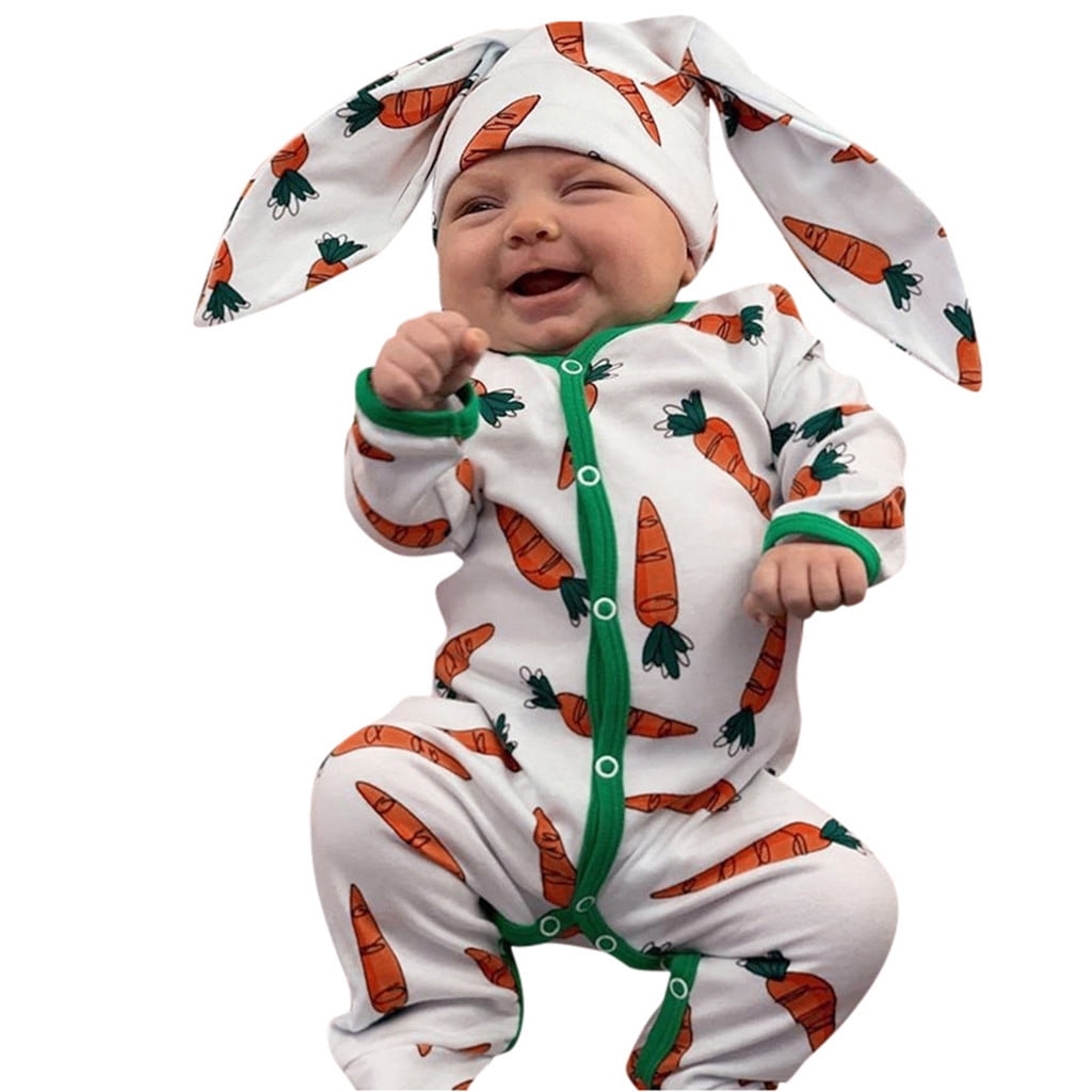 Baby Boys&Girls Cartoon Carrot Print Romper Jumpsuit+Rrabbit Ears Hat