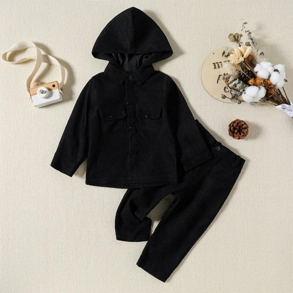 Baby Boys Girls Clothes 1-4 Years Children's Casual Solid Color Button Pocket Hooded Pullover Long Pants Two-piece Set Long Sleeved Hooded Set Sweatshirt SweatPant Sports Set