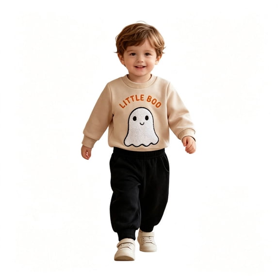 Baby Boys Girls Clothes Halloween Outfit **Little Boo Letter & Ghost Print** Fuzzy Sweatshirt And Pants 2 Piece Set,2-3Y