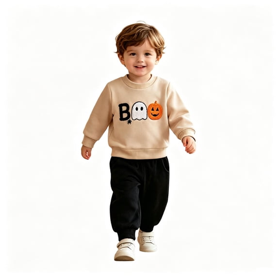 Baby Boys Girls Clothes Halloween Outfit Pumpkin Face **Print** Fuzzy Sweatshirt And Pants 2 Piece Set,0-6M