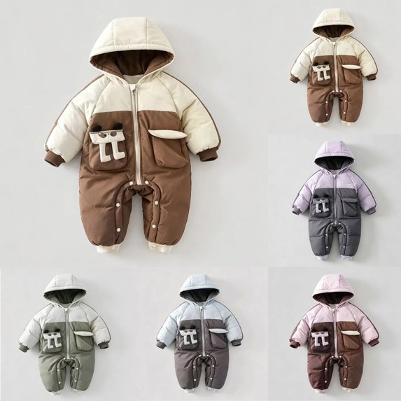 Baby Boys Girls Color Block Hooded Winter Jumpsuit Zip Up Button Quilted Padded One Piece Snowsuit With Pockets