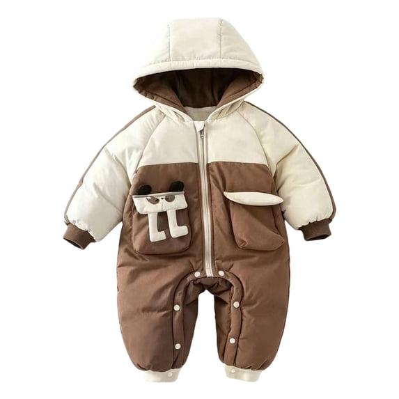 Baby Boys Girls Color Block Hooded Winter Jumpsuit Zip Up Button Quilted Padded One Piece Snowsuit With Pockets