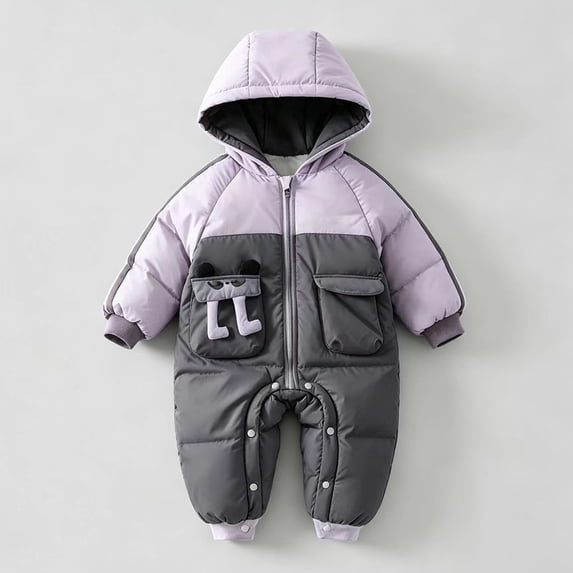 Baby Boys Girls Color Block Hooded Winter Jumpsuit Zip Up Button Quilted Padded One Piece Snowsuit With Pockets