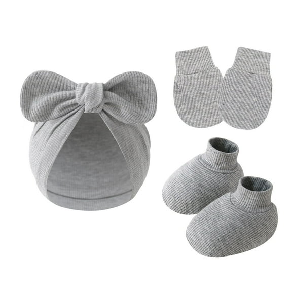 Baby Boys Girls Cotton Bonnet Caps Mittens Socks Set 3-Piece Scratch Protections Gloves Bowknot Hat for Newborns