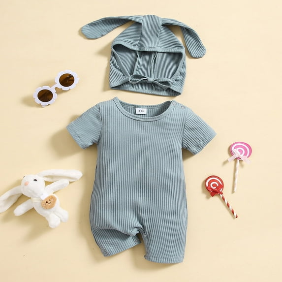 Baby Boys Girls Easter Outfit Bunny Romper Bodysuit Jumpsuit Cotton Cute Bunny Bodysuit With Rabbit Hat Spring Matching Clothes for Baby Boys Girls 9-12 Months