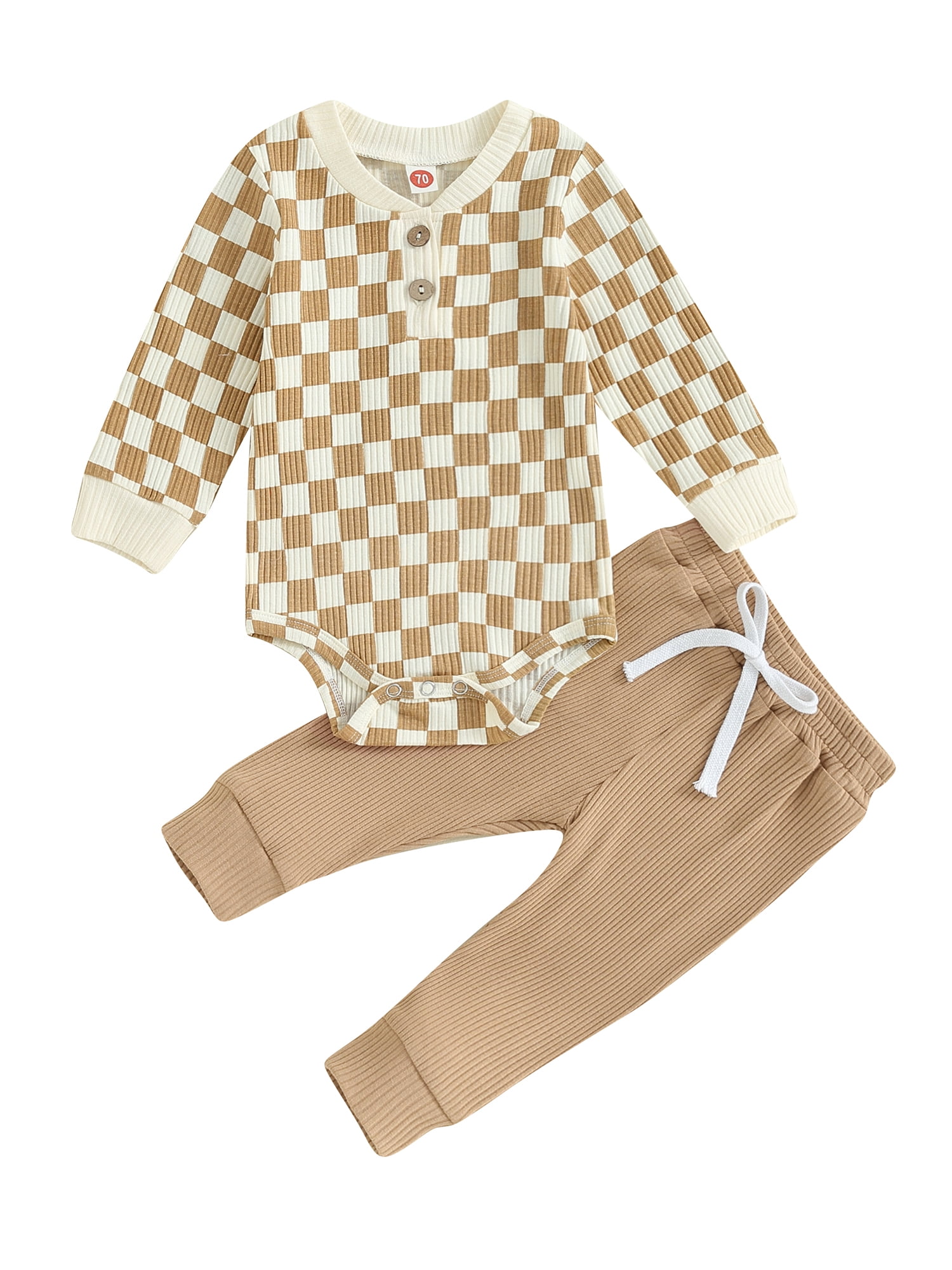 Baby Boys Girls Fall Outfits Long Sleeve Checkerboard Romper + Pants