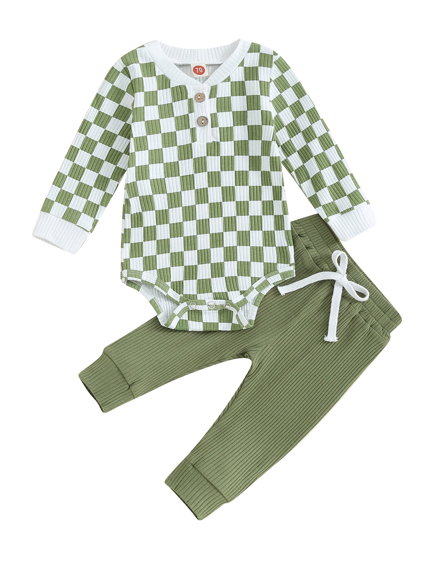 Baby Boys Girls Fall Outfits Long Sleeve Checkerboard Romper + Pants