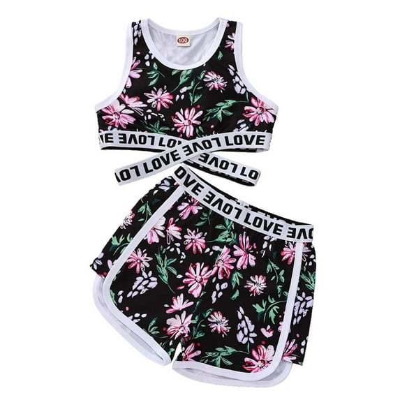 Baby Boys Girls Gifts Causal Kids Girls Clothes Sets Letter Floral Sleeveless Bandage Vest Tops Shorts Going Out Outfits for Girls