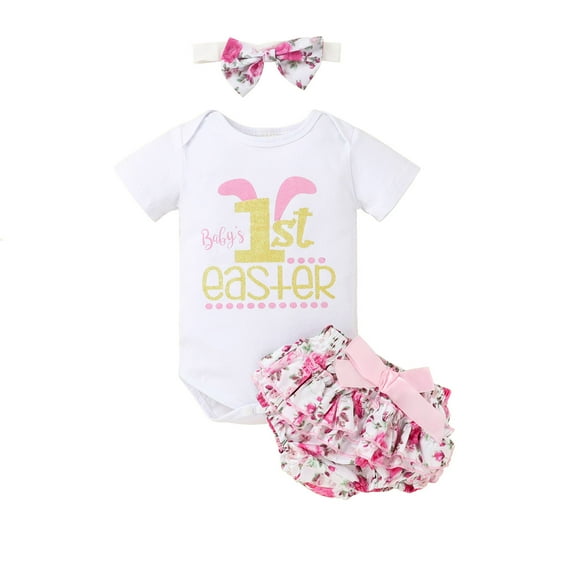 Baby Boys Girls Gifts Newborn Infant Baby Girls Easter Day Letter Romper+Floral Shorts+Headbands Set Going Out Outfits for Girls