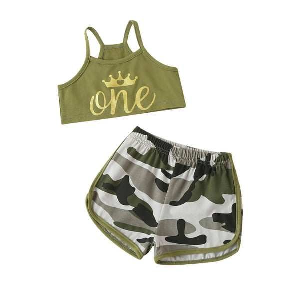 Baby Boys Girls Gifts Toddler Baby Girl Camouflage Letter Print Sling Vest Clothes Kids Two-piece Suit Going Out Outfits for Girls