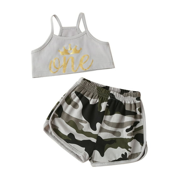 Baby Boys Girls Gifts Toddler Baby Girl Camouflage Letter Print Sling Vest Clothes Kids Two-piece Suit Going Out Outfits for Girls