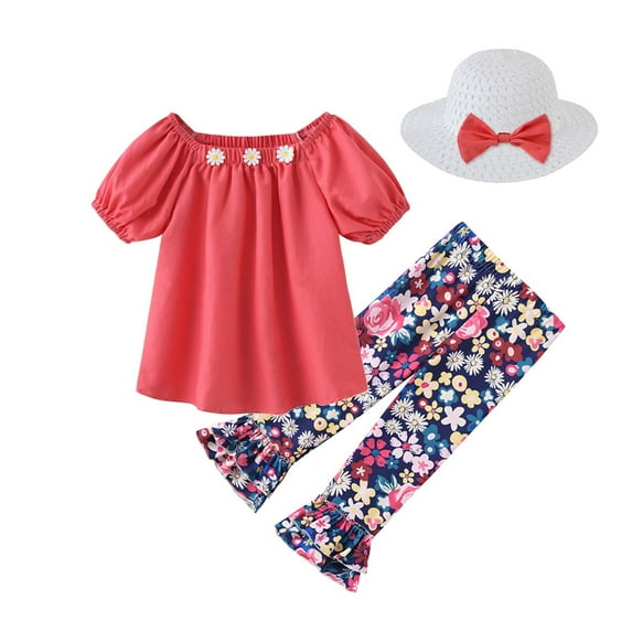 Baby Boys Girls Gifts Toddler Baby Kids Girls Floral Tops T-Shirt Princess Pants With Hat Outfits Going Out Outfits for Girls