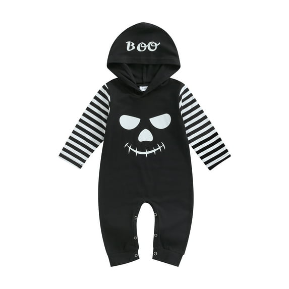 Baby Boys Girls Halloween Hooded Rompers Striped Long Sleeve Ghost Jumpsuit Hoodie One-Piece Outfits