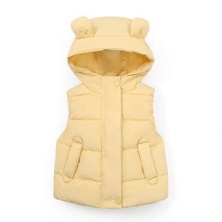 YELLOW SLEEVELESS PUFFER WITH HOOD, BABY YELLOW SLEEVELESS PUFFER WITH HOOD, BABY