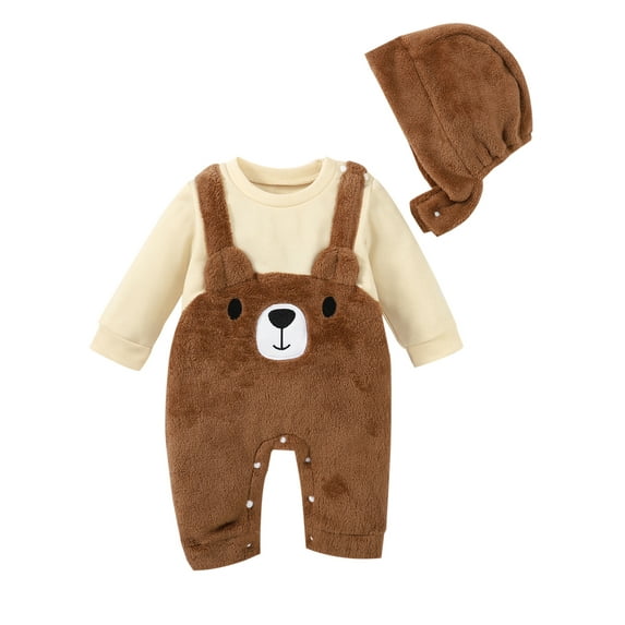 Baby Boys Girls Jumpsuit Set Long Sleeve Crew Neck Cartoon Bear Patchwork Romper with Hat