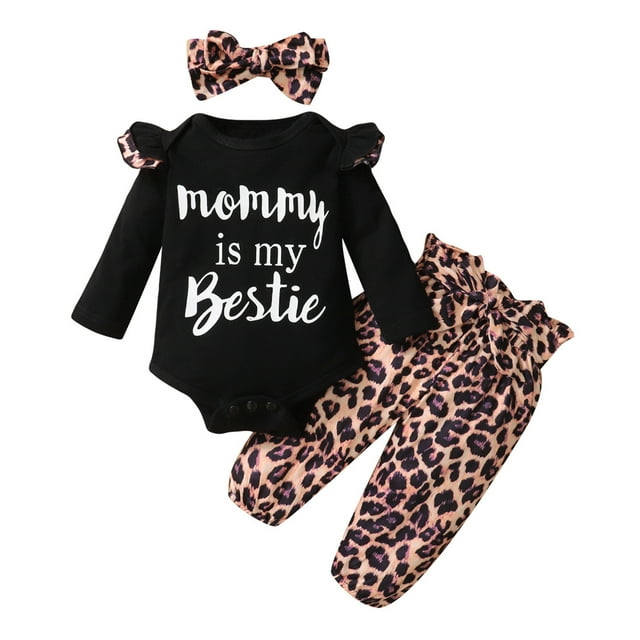 Baby Boys Girls Letter Romper+Leopard Print Pants+Headband Outfits Set