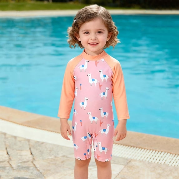 Baby Boys Girls One Piece Swimsuit Long Sleeve Protection Bathing Suit Infant Toddler Summer Printed Swimwear Pink 2 3-4 Years