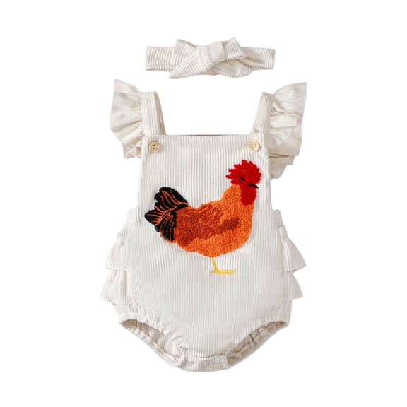 Baby Boys Girls Outfits Sleeeveless Corduroy Farm Chicken Flutter Romper Backless Summer Unisex Infant Clothes, White, 3 Months