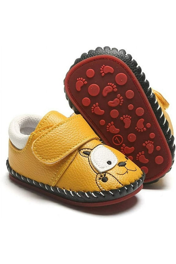 Baby Boys Girls Pu Leather Hard Bottom Walking Sneakers Toddler Rubber Sole First Walkers Infant Cartoon Slippers Crib Shoes
