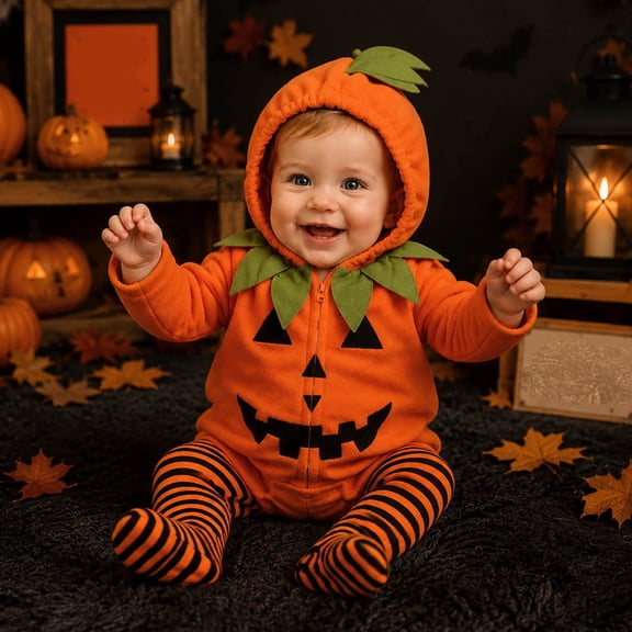 Baby Boys Girls Pumpkin Costume Long Sleeve Hooded Romper and Striped Leggings Fall Halloween Outfit Set First Halloween Playwear