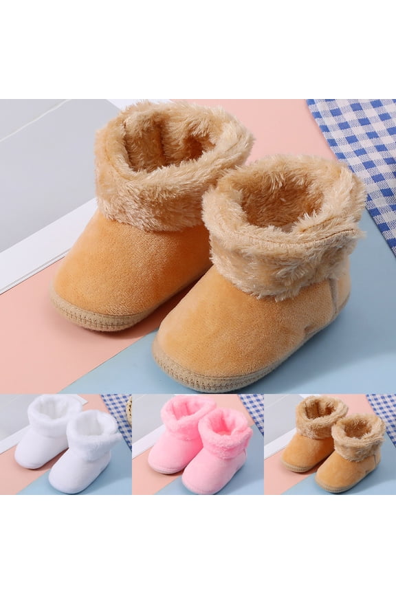 Baby Boys Girls Slip On Flat Winter Boots Fluffy Plush Wide Mid Calf Floor Socks Shoes for Indoor with Hook and Loop
