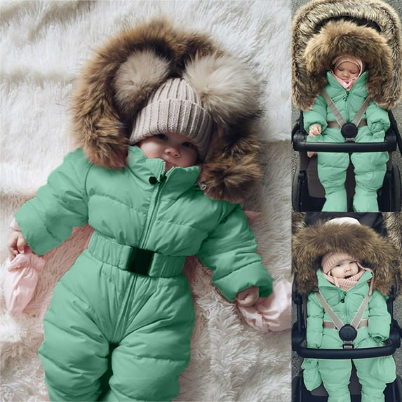 Baby Boys Girls Snow Suits Cute Down Coat Hooded Romper for Baby Girls Winter Coat Solid Color Warm Windproof Winter Jumpsuits for Little Boys 6-9 Months