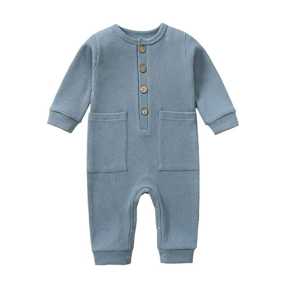 Baby Boys Girls Solid Romper Waffles Knit Long Sleeve One-Piece Cotton Jumpsuit Outfits Clothes Blue 6-9M