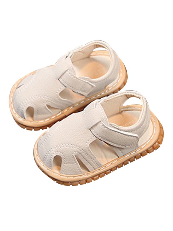 Baby Boys Girls Squeaky Sandals Summer Closed-Toe Anti- Rubber Sole Toddler First Walkers Shoes,Color:Beige,Size:15-18 Months