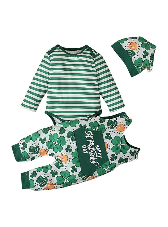 Baby Boys Girls St. Patrick's Day Clothes Outfit Letter Print Romper With Suspender Pants Jumpsuit Hat 3Pcs Outfits Set 0 Months-3 Months