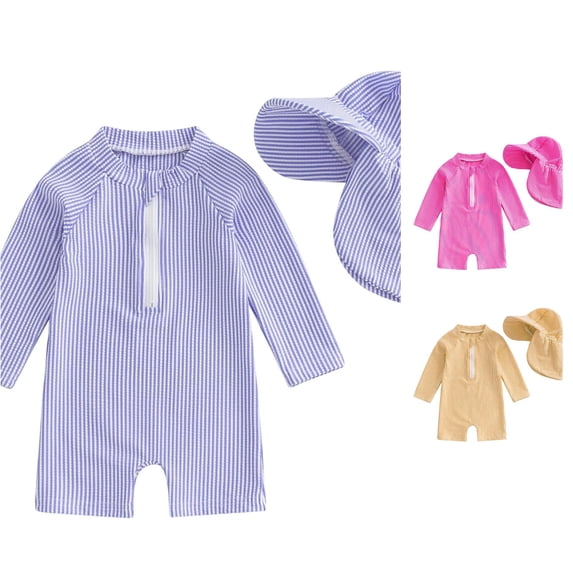 Baby Boys Girls Swimsuit 1 Piece Striped Zipper Bathing Suit Rash Guard Long Sleeve Seersucker Swimwear Sunsuit Bathing Suit Baby Boy 6-12 Months