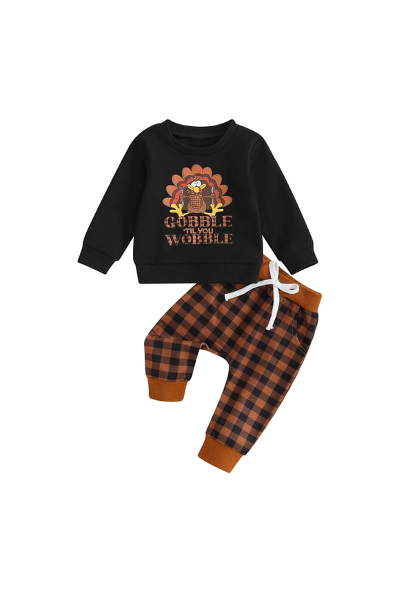 Baby Boys Girls Thanksgiving Outfit 6M 12M 18M 24M 3Y Toddler Long Sleeve Turkey Print Sweatshirt and Plaid Pants Outfits Newborn 2 Piece Suits