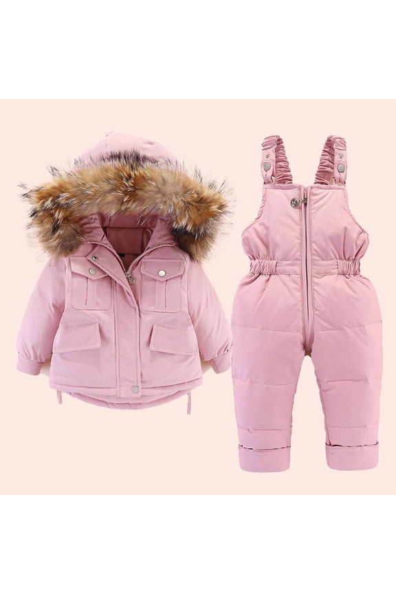 Baby Boys Girls Two Piece Snowsuit, Toddler Winter Hooded Puffer Down Jacket Coat with Ski Bib Winter Baby Boys Girls Thickened Down Jacket Strap Pants Two-piece Suit