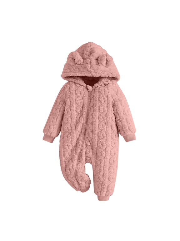 Baby Boys Girls Winter Bear Hooded Jumpsuit Warm Zip-Up Coat Cute Bear Fleece Footie Bunting Snowsuit for Cold Weather Outdoor Wear Long Sleeve Full Body Romper Clothes for Infants Toddlers