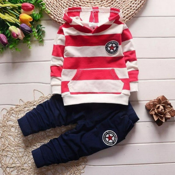 Baby Boys Girls Winter Clothes Set Long Sleeve Striped Hoodie Sweatshirt Pants Outfit Sets for Toddler Babies 1-4 Years