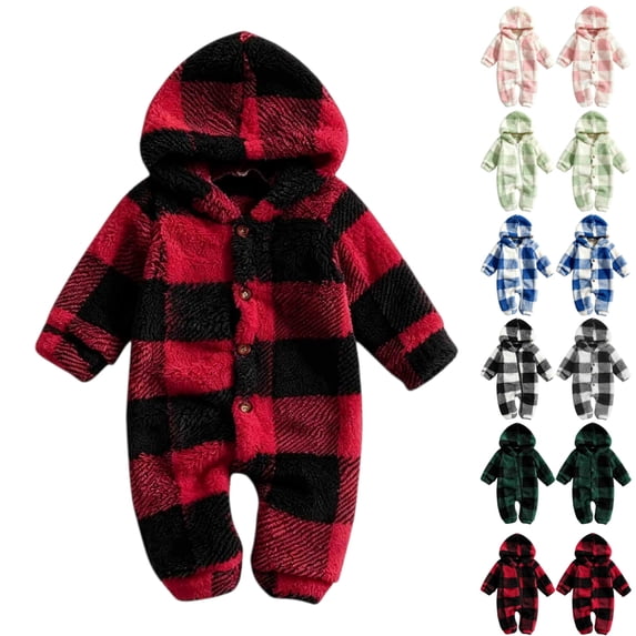 Baby Boys Girls Winter Footed Hooded Jumpsuit Plaid Button-Up Coat for Cold Weather Indoor Outdoor Wear Infant Full Body Romper Clothes