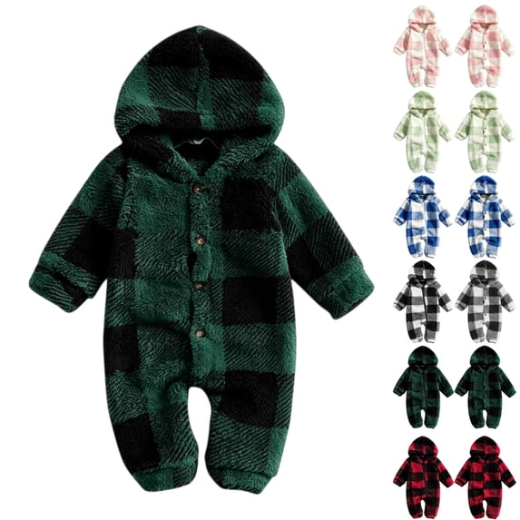Baby Boys Girls Winter Footed Hooded Jumpsuit Plaid Button-Up Coat for Cold Weather Indoor Outdoor Wear Infant Full Body Romper Clothes