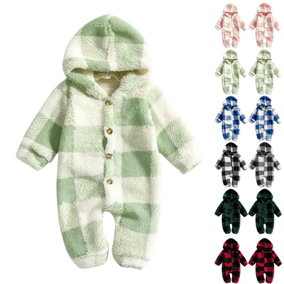 Baby Boys Girls Winter Footed Hooded Jumpsuit Plaid Button-Up Coat for Cold Weather Indoor Outdoor Wear Infant Full Body Romper Clothes