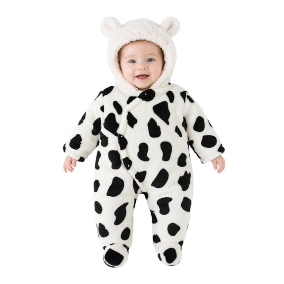 Baby Boys Girls Winter Warm Fleece Footie Bunting Snowsuit,Cow‑Print Cartoon Hooded Onesie,0‑12 Months