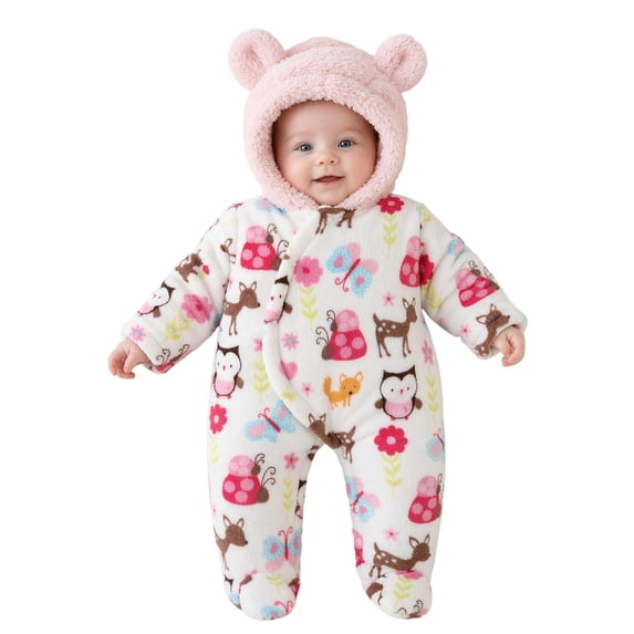 Baby Boys Girls Winter Warm Fleece Footie Bunting Snowsuit,Pink‑Butterfly‑Print Cartoon Hooded Onesie,0‑12 Months