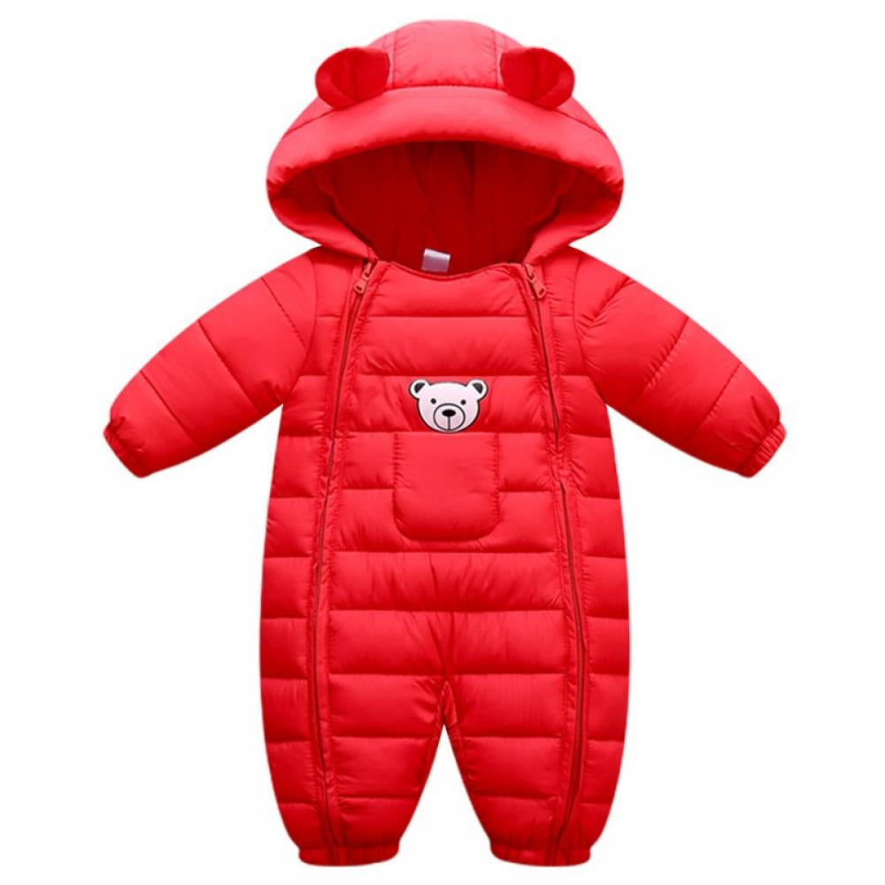 Baby Boys Girs Clothes Winter Bear Ears Hooded Rompers Thick Cotton Warm Zipped One Piece Outfit Children Snowsuit ,0-12M